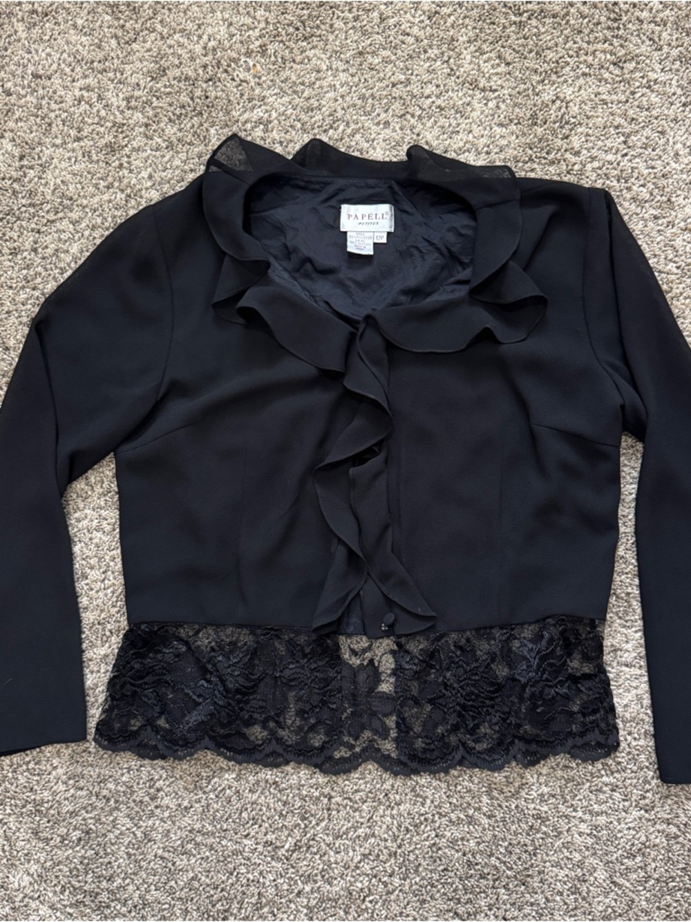 Papell Black Ruffle Lace Hem long sleeve